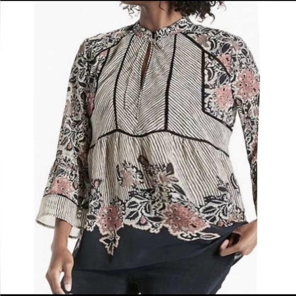 Lucky Brand Plus Sheer Mixed Print Bell Sleeve Peplum Peasant Top 2X Cottage - Picture 1 of 16